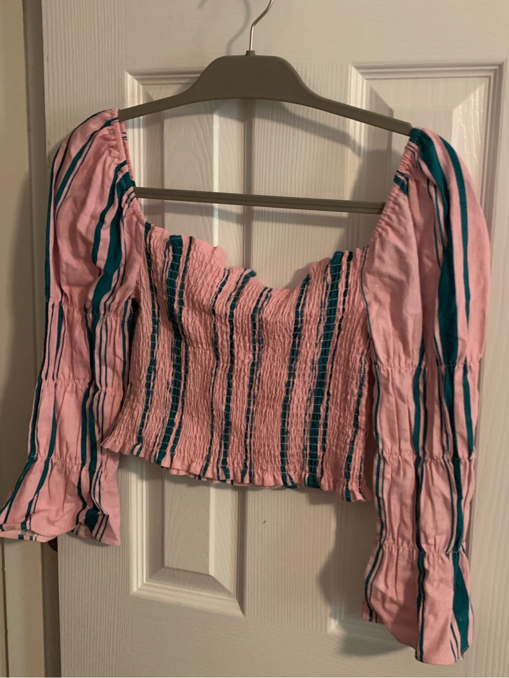 Dance & Marvel Pink and Teal Striped Smocked Peasant Top